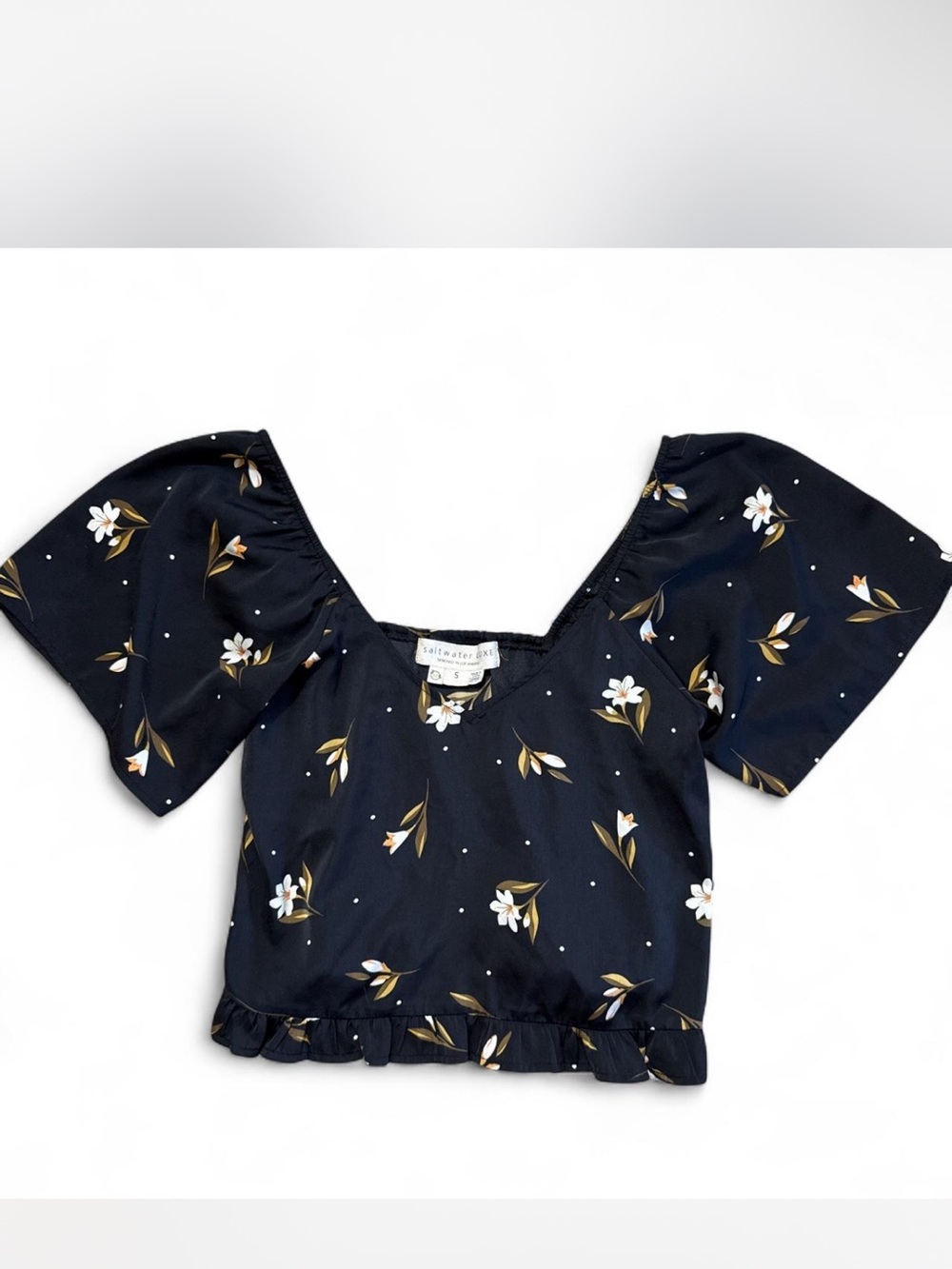 saltwater Black Floral Ruffle-Hem Square Neck Crop Top